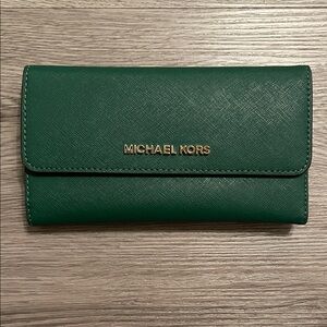 Michael Kors Emerald Saffiano Leather Continental Wallet with Gold Logo